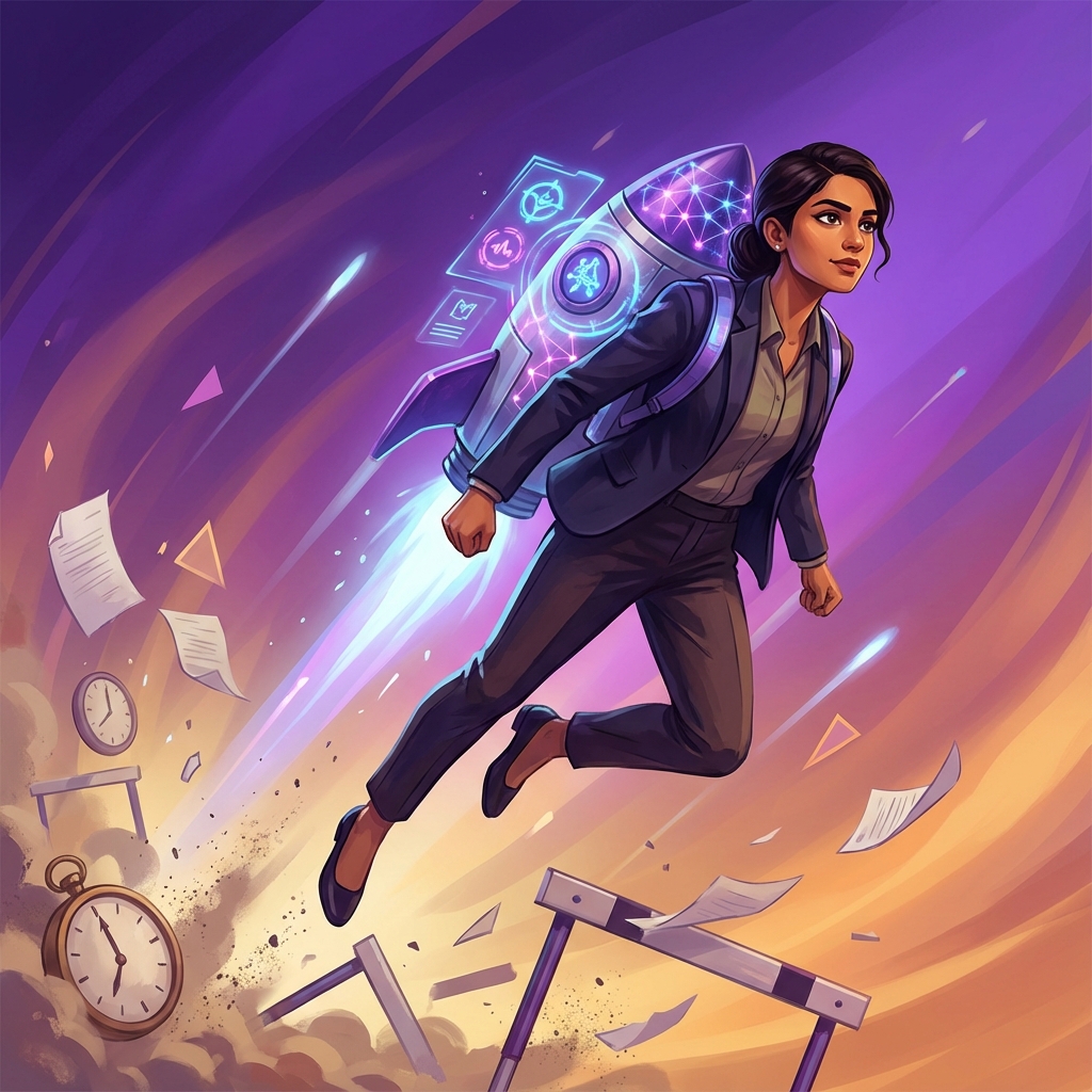A young professional with a rocket backpack powered by AI, flying past obstacles