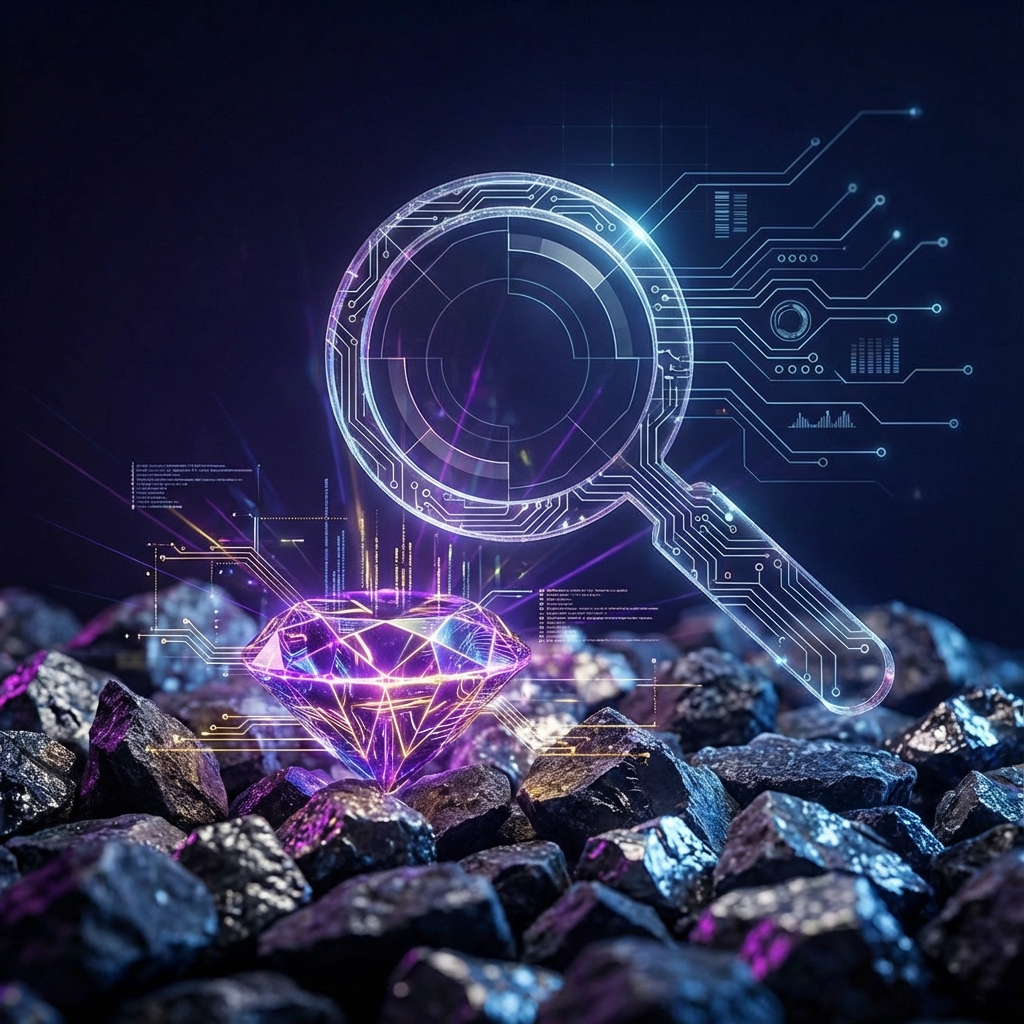 A magnifying glass focusing on a glowing, intricate gem representing a micro-niche amidst a sea of grey rocks