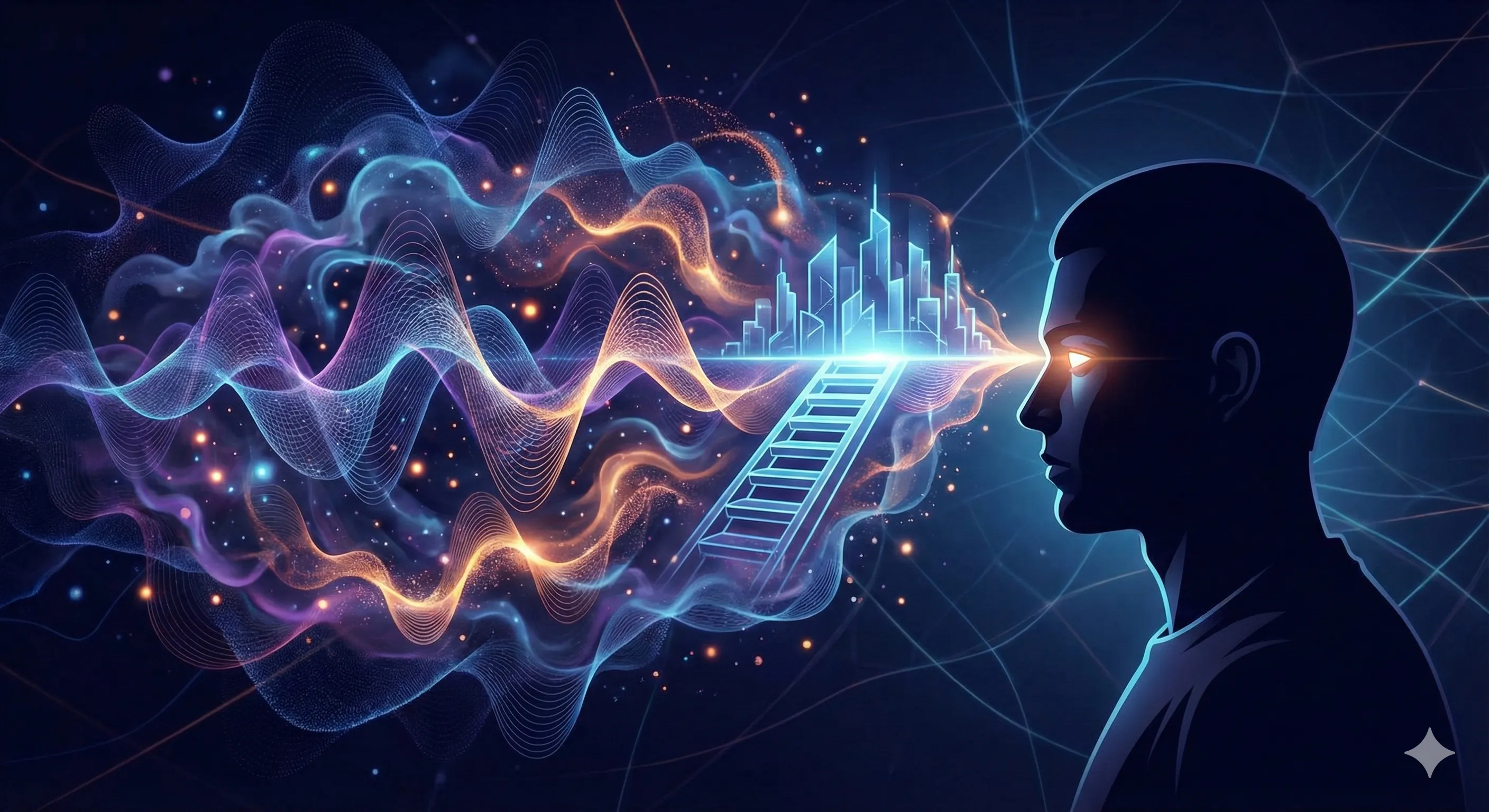 A person looking at a chaotic cloud of smoke that forms into a clear shape only where their eyes are focused