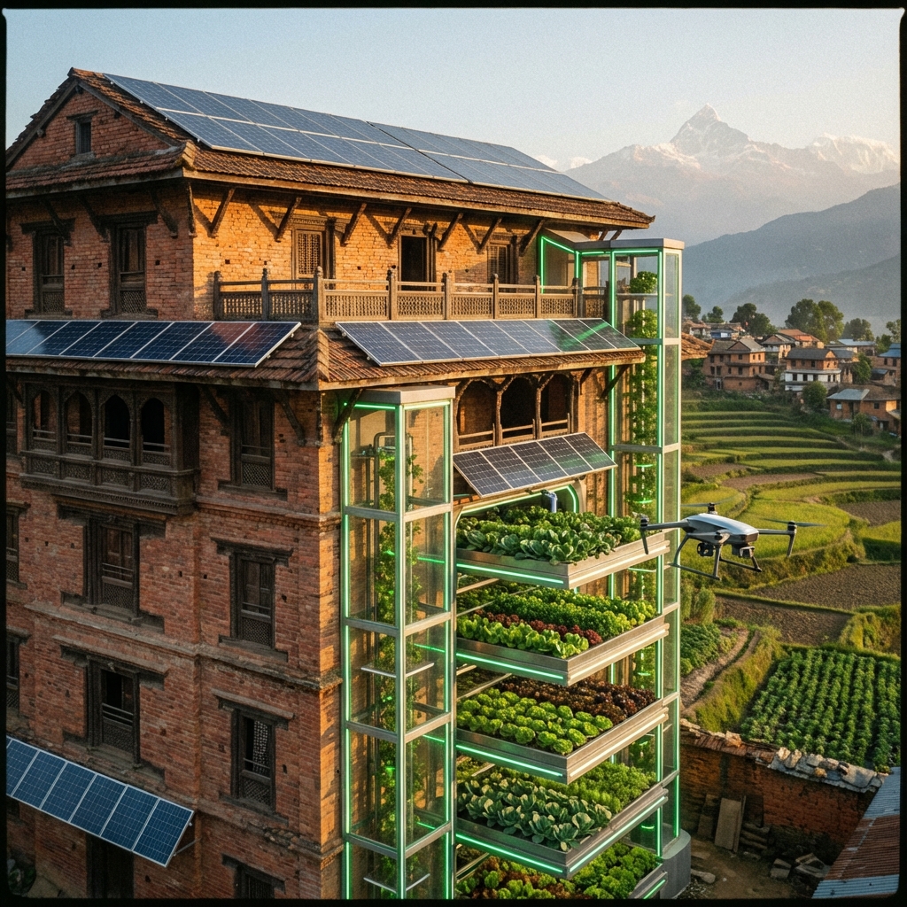 Futuristic vertical farm integrated with traditional Nepali brick architecture, featuring drone monitoring and solar panels