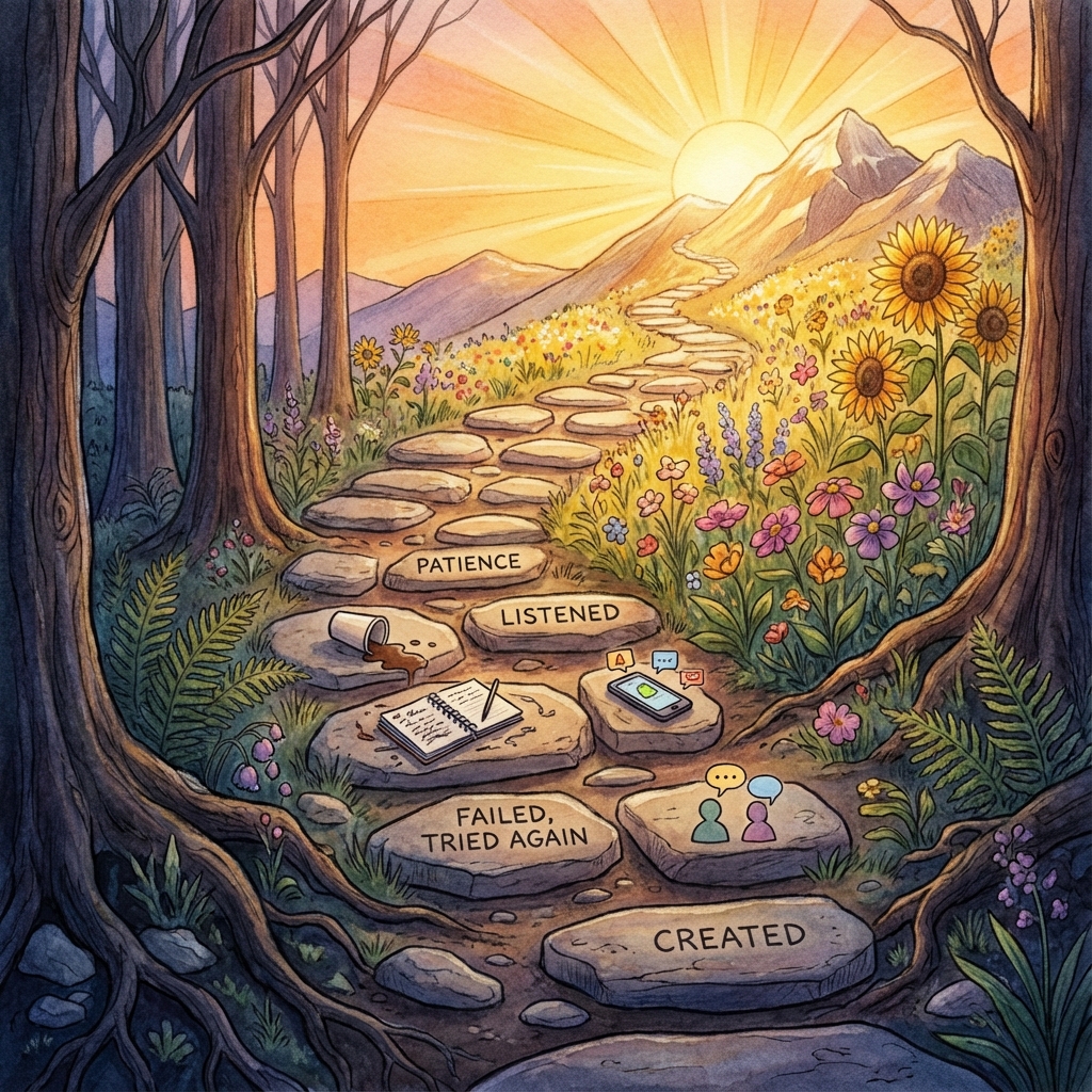 Daily Lessons Growth Path - Visual representation of small daily experiences building into personal growth and resilience