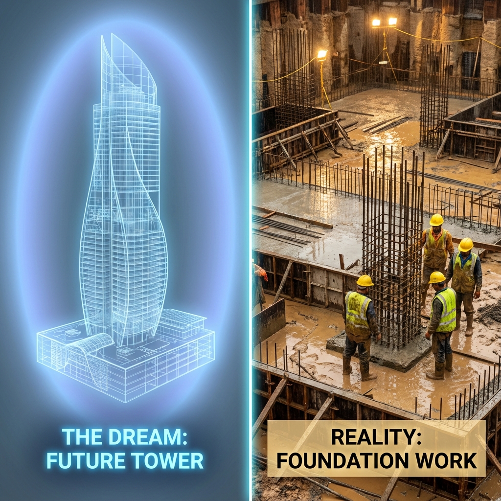 A split screen showing a beautiful skyscraper blueprint on one side and a muddy construction site foundation on the other